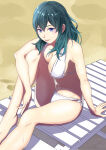 1girl 1girl :d absurd_res alluring beach bikini blue_eyes blush breast_press byleth_(fire_emblem) byleth_(fire_emblem)_(female) cleavage female_focus fire_emblem fire_emblem:_three_houses hair_between_eyes high_res intelligent_systems long_hair medium_breasts nintendo open_mouth outside side-tie_bikini_bottom sideboob sitting smile sukkirito_(rangusan) swimsuit teal_hair white_bikini