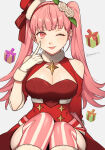1girl 1girl 1girls ;) ;p alluring alternate_costume bare_shoulders big_breasts blunt_bangs box christmas cleavage clothing_cutout commentary_request female_only fire_emblem fire_emblem:_three_houses fire_emblem_heroes gift gift_box gloves grey_background hairband high_res hilda_valentine_goneril intelligent_systems long_hair looking_at_viewer nintendo official_alternate_costume one_eye_closed peach11_01 pink_eyes pink_hair pink_thighhighs red_hairband shoulder_cutout simple_background sitting smile stockings striped striped_thighhighs tongue tongue_out twin_tails vertical-striped_thighhighs vertical_stripes very_long_hair white_gloves