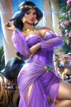 1girl adjusting_hair aladdin_(1992_disney_film) aladdin_(series) animal arabian_clothes arabian_female ayyasap bangs bare_legs bare_shoulders big_breasts black_hair black_nose blush breast_hold breasts brown_eyes cleavage dark-skinned_female dark_skin day disney disney_princess dress dutch_angle earrings eyeshadow female_focus female_only female_solo flower gold_earrings gold_jewelry gold_necklace grin hand_up harem_outfit headpiece indoors jewelry legs lips lipstick long_hair long_sleeves looking_at_viewer makeup nail_polish naughty_face neck necklace off-shoulder_dress off_shoulder official_alternate_costume parted_bangs parted_lips pillar pink_flower plant princess princess_jasmine purple_dress purple_lipstick purple_nails rajah see-through see-through_clothes see-through_dress side_slit smile solo_focus standing thick_eyebrows thighs tied_hair tiger very_long_hair yellow_sclera