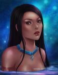 1girl arm_tattoo arms_at_sides bangs bare_arms bare_shoulders black_hair breasts brown_eyes dark-skinned_female dark_skin disney expressionless female_only female_solo jewelry lips lipstick long_hair looking_at_viewer makeup medium_breasts native_american neck necklace night night_sky nindei nindei_(artist) nude nude_female outdoor_nudity outside parted_bangs parted_lips partially_submerged pocahontas pocahontas_(character) red_lipstick serious sidelocks sky star starry_background starry_sky straight_hair tattoo thick_lips upper_body water wet wet_body wet_hair