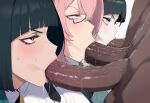 3_girls 3boys :>= ai_generated balls bangs black_hair blunt_bangs blush dark-skinned_male dark_skin erection eyebrows_visible_through_hair fellatio glasses half-closed_eyes hetero hoshimi_miyabi huge_penis interracial jane_doe_(zenless_zone_zero) large_penis looking_at_viewer male multiple_boys multiple_fellatio multiple_females multiple_girls oral penis pink_eyes pink_hair pov red_eyes saliva sweat testicle tongue truck-kun_art tsukishiro_yanagi uncensored veins veiny_penis zenless_zone_zero