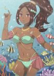 1girl 1girl alluring bare_shoulders bikini brown_hair bubble circlet commission coral coral_reef dark-skinned_female dark_skin female_focus fire_emblem fire_emblem_engage fish flower hair_flower hair_ornament high_res intelligent_systems jewelry midriff multi-strapped_bikini_bottom navel necklace nintendo ponytail small_breasts sparkle sparkling_eyes strapless strapless_bikini swimsuit tak0baka timerra_(fire_emblem) twitter_username underwater water