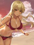 1girl 1girl absurd_res alluring alternate_costume beach big_breasts bikini blonde_hair blush cleavage commission commissioner_upload dark-skinned_female dark_skin fire_emblem fire_emblem:_the_binding_blade haru_(nakajou-28) high_res igrene_(fire_emblem) intelligent_systems long_hair mole mole_under_eye nintendo red_bikini skeb_commission sunset swimsuit yellow_eyes