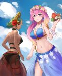 2_girls alluring big_breasts bikini bikini_top_only black_one-piece_bikini blonde_hair blue_eyes blue_sky cleavage closed_mouth cloud coconut dark-skinned_female dark_skin day earrings fire_emblem fire_emblem_heroes flower from_behind fruit_cup gradient_hair green_hair gunnthra_(fire_emblem) gunnthra_(summer)_(fire_emblem) hair_flower hair_ornament head_wreath high_res holding intelligent_systems jewelry laegjarn_(fire_emblem) laegjarn_(summer)_(fire_emblem) long_hair looking_back multicolored_hair multiple_girls navel nintendo one-piece_bikini orange_hair pink_hair red_eyes sarong short_hair silf sky smile spiffydc swimsuit twitter_username