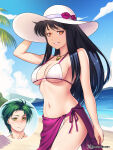1boy 1girl 1girl absurd_res arm_up astrid_(fire_emblem) beach bikini black_hair blush cleavage commission cut-in etchimune fire_emblem fire_emblem:_radiant_dawn green_hair hat high_res intelligent_systems jewelry long_hair looking_at_viewer male medium_breasts nintendo non-web_source ocean orange_eyes outside pendant purple_sarong sarong sideboob smile solo_focus sothe_(fire_emblem) sun_hat swimsuit under_boob white_bikini yellow_eyes