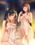 1girl 2_girls alluring bangs bare_shoulders big_breasts black_hair blush brown_eyes brown_hair collarbone commentary_request covering fire_emblem fire_emblem:_the_blazing_blade fire_emblem_warriors green_eyes green_hair group_bathing high_ponytail high_res intelligent_systems karla_(fire_emblem) long_hair looking_at_viewer lyn lyn_(fire_emblem) lyndis lyndis_(fire_emblem) multiple_females multiple_girls naked_towel nintendo nude nude_cover onsen parted_lips ponytail sajittari sidelocks sitting standing towel wading wet wide_hips