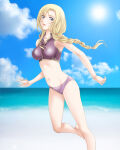 1girl alluring beach bikini blonde_hair braid day fire_emblem fire_emblem:_the_blazing_blade high_res intelligent_systems long_hair louise_(fire_emblem) medium_breasts nintendo running sun swimsuit tamamon