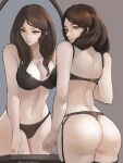1girl 1girl alluring ass big_breasts bra brown_hair butt_crack cleavage cowboy_shot dorothea_arnault female_focus fire_emblem fire_emblem:_three_houses garter_straps green_eyes grey_background high_res intelligent_systems long_hair looking_back mirror mirror_image navel nintendo original panties parted_bangs smile thong tommy_(kingdukeee) twitter_username underwear