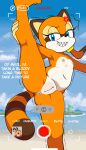 1girl angry anus australian beach camera_view cleft_of_venus cub dialogue exhibitionism female female/solo flexibility innie_pussy kasumin_(artist) marine_the_raccoon mobian nude nudity outside phone_screen pointy_teeth public_nudity raccoon sega solo sonic_rush_adventure sonic_the_hedgehog_(series) spreading_legs tail trembling young