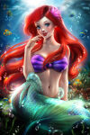 1girl air_bubbles animal arm_at_side arm_support ayyasap bangs bare_arms bare_shoulders big_breasts bikini blue_eyes blush breasts bubble collarbone coral disney disney_princess female female_only female_solo fish floating_hair flower grin hair_flower hair_ornament hand_up head_tilt lips lipstick long_hair looking_at_viewer makeup medium_breasts mermaid midriff naughty_face navel neck outside parted_lips pink_flower princess princess_ariel purple_bikini purple_swimsuit red_hair red_lipstick shell shell_bikini sitting smile solo straight_hair strapless strapless_bikini strapless_swimsuit swept_bangs swimsuit the_little_mermaid the_little_mermaid_(1989_film) underwater very_long_hair wavy_hair