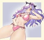 1girl 1girl alluring armpits big_breasts bow bow_panties bra cameltoe camilla_(fire_emblem) cleavage female_masturbation fire_emblem fire_emblem_fates fire_emblem_warriors hair_over_one_eye intelligent_systems lingerie long_hair looking_at_viewer lying masturbation midriff navel nintendo on_back one_eye_covered panties purple_eyes purple_hair resting_head_on_hand simple_background skindentation snazzypumpkin sweat tiara toned toned_female underwear wavy_hair
