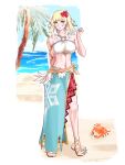 1girl 1girl alluring beach bikini blonde_hair blue_eyes crab fire_emblem fire_emblem_heroes fjorm_(fire_emblem) intelligent_systems medium_breasts medium_hair nintendo sandals sarong swimsuit