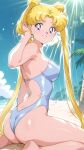 1girl accurate_art_style adult_swim alluring ass bare_legs beach bikini bishoujo_senshi_sailor_moon bishoujo_senshi_sailor_moon_r bishoujo_senshi_sailor_moon_r_the_movie bishoujo_senshi_sailor_moon_s bishoujo_senshi_sailor_moon_s_the_movie bishoujo_senshi_sailor_moon_supers bishoujo_senshi_sailor_moon_supers_the_movie blonde_hair blue_eyes medium_breasts nightcore_(artist) ocean one-piece_bikini pin_up sailor_moon toei_animation toonami usagi_tsukino viz_media