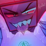 1boy 1girl azelea charlie_morningstar charlie_morningstar_(hazbin_hotel) demon demon_boy demon_girl female_pov hazbin_hotel hazbin_hotel_(season_2) naked_female nude pubic_tattoo pussylicking straight tattoo tongue tv_face tv_head twitter vivziepop vox_(hazbin_hotel)