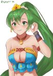 1girl 1girl bikini blue_bikini choker cleavage closed_mouth earrings female_focus fire_emblem fire_emblem:_the_blazing_blade fire_emblem_heroes fire_emblem_warriors flower green_eyes green_hair hair_flower hair_ornament high_res intelligent_systems jewelry long_hair lyn lyn_(fire_emblem) lyn_(lady_of_the_beach)_(fire_emblem) lyndis lyndis_(fire_emblem) nintendo ponytail simple_background smile spiffydc swimsuit twitter_username upper_body white_background