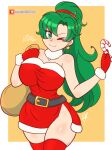 1girl 1girl 1girl ;) alluring alternate_costume bag bare_arms bare_shoulders bare_thighs candy candy_cane carrying carrying_over_shoulder christmas dress earrings female_only fire_emblem fire_emblem:_the_blazing_blade fire_emblem_warriors gloves green_eyes green_hair intelligent_systems long_hair looking_at_viewer lyn lyn_(fire_emblem) lyndis lyndis_(fire_emblem) nintendo one_eye_closed ponytail raydango shoulders skindentation stockings thighs very_long_hair yellow_background