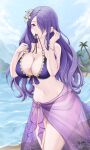 1girl 1girl alluring beach big_breasts bikini bracelet camilla_(fire_emblem) camilla_(tropical_beauty)_(fire_emblem) cleavage cleft_of_venus cloud collarbone fire_emblem fire_emblem_fates fire_emblem_heroes fire_emblem_warriors floral_print flower foxie30 hair_flower hair_ornament hair_over_one_eye intelligent_systems jewelry long_hair looking_at_viewer navel nintendo o-ring o-ring_bikini ocean official_alternate_costume one_eye_covered open_clothes outside palm_tree print_sarong purple_bikini purple_eyes purple_hair purple_sarong purple_theme sand sarong see-through_clothes sky standing swimsuit tree untied_bikini untied_bikini_top water wavy_hair white_flower