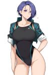 1girl alluring asymmetrical_hair big_breasts black_one-piece_swimsuit blue_eyes blue_hair blush collarbone competition_swimsuit covered_navel fire_emblem fire_emblem:_three_houses forehead halcon high_res highleg highleg_one-piece_swimsuit intelligent_systems jacket looking_at_viewer nintendo one-piece_bikini open_clothes open_jacket parted_bangs shamir_nevrand short_hair short_sleeves simple_background swimsuit thighs whistle whistle_around_neck white_background