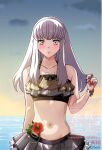 1girl 1girl alluring alternate_costume bare_arms bare_shoulders bikini bikini_skirt black_bikini black_nails blush bracelet closed_mouth cloud collarbone commentary_request fire_emblem fire_emblem:_three_houses flower intelligent_systems jewelry long_hair looking_at_viewer lysithea_von_ordelia nail_polish navel nintendo ocean outside pink_eyes sky small_breasts stomach sunset swimsuit tes2w44zagroyj7 water white_hair