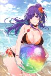 1girl 1girl alluring alternate_costume big_breasts bikini black_bikini blush choker cleavage fire_emblem fire_emblem:_three_houses fire_emblem_heroes fire_emblem_warriors:_three_hopes hair_bun hair_over_one_eye intelligent_systems long_hair looking_at_viewer medium_breasts nintendo purple_eyes purple_hair shez_(fire_emblem) shez_(fire_emblem)_(female) shez_(summer)_(fire_emblem) simple_background single_hair_bun smile swimsuit water yuuri_(orz_commushows)