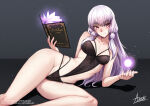1girl adsouto alluring black_panties book collarbone fire_emblem fire_emblem:_three_houses grey_hair high_res holding holding_book holding_spellbook intelligent_systems lingerie long_hair lying lysithea_von_ordelia magic medium_breasts nintendo on_side open_book panties red_eyes signature smile spellbook underwear variant_set