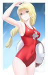 1girl 1girl 1girl alternate_costume blonde_hair braid braided_ponytail closed_mouth commission covered_nipples cross dhokidoki female_only fire_emblem fire_emblem:_three_houses green_eyes high_res holding holding_swim_ring ingrid_brandl_galatea intelligent_systems lifeguard long_hair medium_breasts nintendo one-piece_bikini red_one-piece_bikini red_swimsuit second-party_source sideboob swim_ring swimsuit upper_body whistle whistle_around_neck