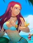 2_girls alluring alternate_costume athletic_female bikini blue_bikini blue_sky blurry blurry_background brown_hair choker cleavage dark-skinned_female dark_skin day dorothea_arnault dorothea_arnault_(timeskip) earrings facial_mark female_abs fire_emblem fire_emblem:_three_houses fit_female high_res intelligent_systems jewelry koyorin long_hair looking_back medium_breasts multiple_girls necklace nintendo o-ring o-ring_bikini outside petra_macneary petra_macneary_(timeskip) red_bikini red_eyes red_hair sky swimsuit wading water wet