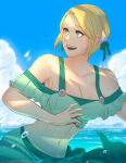 1girl alluring athletic_female big_breasts bikini blonde_hair breasts cleavage fangs female_abs fire_emblem fire_emblem:_three_houses fit_female green_bikini green_eyes high_res ingrid_brandl_galatea ingrid_brandl_galatea_(summer) ingrid_brandl_galatea_(timeskip) intelligent_systems koyorin looking_to_the_side navel nintendo off-shoulder_bikini off_shoulder official_alternate_costume open_mouth short_hair swimsuit