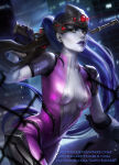 1girl blizzard_entertainment blue_gloves blue_hair blurry blurry_background breasts breasts_apart building collarbone depth_of_field dutch_angle earrings expressionless female_only female_solo fence floating_hair gloves grey_skin gun hand_up headgear headpiece holding holding_gun holding_rifle holding_weapon jewelry lips lipstick long_hair looking_at_viewer loputon loputon_(artist) makeup medium_breasts neck night night_sky open_clothes outside overwatch parted_lips pink_clothing ponytail purple_lipstick rifle serious short_sleeves skin_tight sky small_breasts sniper sniper_rifle stud_earrings tied_hair very_long_hair weapon widowmaker widowmaker_(overwatch) yellow_eyes