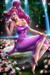 1girl ayyasap bare_arms bare_legs bare_shoulders barefoot big_breasts blurry blurry_background blush breasts cleavage collarbone day depth_of_field disney dress eyeshadow feet female_only female_solo field flower flower_field full_body grass greek_female grin half-closed_eyes hand_up head_tilt hercules hercules_(1997_film) high_ponytail holding holding_flower lake legs lips lipstick long_dress long_hair looking_at_viewer makeup medium_breasts megara neck outside parted_lips petals pink_flower plant ponytail purple_dress purple_eyes purple_eyeshadow purple_hair red_lipstick rock sitting sleeveless sleeveless_dress smile straight_hair tied_hair water waterfall