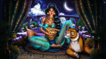 1girl aladdin_(1992_disney_film) aladdin_(series) animal aqua_pants aqua_shirt arabian_clothes arabian_female ayyasap balcony bangs bare_shoulders barefoot black_eyes black_hair breasts brown_eyes cloud crescent_moon curtains dark-skinned_female dark_skin disney disney_princess earrings female_focus female_only female_solo gold_earrings gold_jewelry gold_necklace grin harem_outfit harem_pants indian_style jewelry lips lipstick long_hair looking_at_another looking_at_viewer magic magic_lamp makeup medium_breasts midriff moon nail_polish naughty_face neck necklace night night_sky off-shoulder_shirt off_shoulder outside pants parted_bangs parted_lips pillow pink_nose princess princess_jasmine rajah red_lipstick revealing_clothes shirt sitting sky smile solo_focus star starry_sky tied_hair tiger toenail_polish tree very_long_hair yellow_sclera