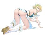 1girl :d all_fours alluring alternate_costume ass big_breasts bikini blonde_and_teal_hair blue_bikini blue_eyes commentary commission female_focus fire_emblem fire_emblem_heroes fjorm_(fire_emblem) fjorm_(summer)_(fire_emblem) flower hair_flower hair_ornament high_heel_sandals intelligent_systems legs looking_at_viewer nintendo official_alternate_costume open_mouth pomelomelon sandals shoe_soles short_hair simple_background smile swimsuit thighs thong white_background