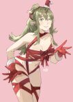 1girl ;d alluring christmas cleavage completely_nude eyebrows_visible_through_hair female_only fire_emblem fire_emblem_awakening fire_emblem_warriors gloves green_eyes green_hair hat intelligent_systems medium_breasts naked_gloves naked_ribbon nintendo nude older one_eye_closed pink_background pointy_ears ponytail red_gloves red_headwear ribbon ribboned_body sakuremi santa_hat smile tiara tiki_(adult)_(fire_emblem) tiki_(fire_emblem) tiki_(fire_emblem)_(adult) wink wrapped_up