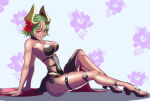 1girl alluring alternate_costume big_breasts black_one-piece_bikini black_sandals cleavage dark-skinned_female dark_skin feet female_focus fire_emblem fire_emblem_heroes floral_background flower full_body green_hair hair_flower hair_ornament high_heels horn_ornament horns intelligent_systems knee_up laegjarn_(fire_emblem) laegjarn_(summer)_(fire_emblem) light_brown_hair looking_at_viewer medium_breasts multicolored_hair nintendo one-piece_bikini open_mouth platform_sandals red_eyes sandals sarong short_hair silf sitting smile sukkirito_(rangusan) sweat swimsuit thigh_strap thighs toes two-tone_hair