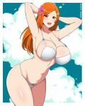 1girl 1girl 1girl alluring arms_behind_head artist_name bare_shoulders big_breasts bikini bleach bleach:_epilogue blush border brown_eyes collarbone female_focus flower flower_on_head hair_flower hair_ornament high_res inoue_orihime kaos_art legs_together long_hair looking_at_viewer mature_female navel official_alternate_costume open_mouth orange_hair patreon_username shiny_skin solo_focus standing stomach swimsuit thighs white_bikini white_border