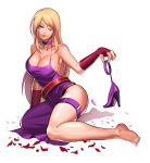 1girl ass bare_shoulders barefoot big_breasts black_panties blonde_hair blue_eyes bonne_jenet breasts choker cleavage elbow_gloves feet fingerless_gloves gloves high_heels large_breasts legs long_hair mark_of_the_wolves one_eye_closed panties shoes side_slit snk solo thigh_strap thighs tot underwear wink