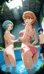 1boy 2_girls ass blue_hair fuuka_yamagishi light_brown_hair minato_arisato persona persona_3 swimsuit teal_hair yukari_takeba yuuki_makoto