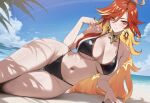 1girl ai_assisted ai_generated beach bikini blush breasts curvy_figure genshin_impact laying_down laying_on_side light-skinned_female light_skin looking_at_viewer mavuika_(genshin_impact) mihoyo navel outside red_hair smile sweat sweatdrop sweating sweaty thick_thighs thighs truck-kun_art