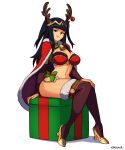 1girl absurd_res alluring artist_name bell big_breasts bikini black_hair blunt_bangs box brown_eyes cape commentary english_commentary fake_antlers fire_emblem fire_emblem_awakening fire_emblem_heroes fire_emblem_warriors full_body gift gift_box grin high_heels high_res intelligent_systems milf navel neck_bell nintendo official_alternate_costume on_box red_cape santa_bikini santa_costume sitting sitting_on_box smgold smile stockings stomach swimsuit tharja tharja_(fire_emblem) tharja_(normal_girl) thick_thighs thighs white_background