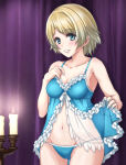 1girl 1girl alternate_costume awazake_(2wairu) babydoll blonde_hair blue_eyes blue_nails blue_panties blush candle cleavage collarbone cowboy_shot female_focus fire_emblem fire_emblem_heroes fjorm_(fire_emblem) hand_on_own_chest intelligent_systems lace_trim lingerie looking_at_viewer md5_mismatch medium_breasts nail_polish navel negligee nintendo panties resolution_mismatch see-through_clothes short_hair sleeveless smile source_smaller standing underwear