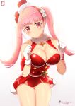 1girl 1girl 1girl alluring alternate_costume bangs bare_shoulders big_breasts blush breast_squeeze chinchongcha christmas cleavage collarbone dress english_commentary eyebrows_visible_through_hair fire_emblem fire_emblem:_three_houses flower fur-trimmed_dress fur-trimmed_headwear fur_trim gloves hair_flower hair_ornament hairband halter_dress hat head_tilt high_res hilda_valentine_goneril hilda_valentine_goneril_(winter) intelligent_systems looking_at_viewer microdress mini_hat mixed-language_commentary nintendo off-shoulder_dress off_shoulder pink_eyes pink_hair red_dress red_hairband red_ribbon ribbon rose shadow signature simple_background smile tareme thigh_gap thighs twin_tails watermark white_background white_flower white_gloves white_rose