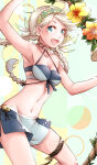 1girl 1girl alluring arm_up bikini braid ebi_puri_(ebi-ebi) female_focus fire_emblem fire_emblem_fates flower hairband intelligent_systems long_hair medium_breasts nina_(fire_emblem) nintendo open_mouth swimsuit thigh_strap twin_braids white_hair