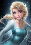 1girl aqua_dress blonde_female blonde_hair blue_dress blue_eyes blurry blurry_background braid breasts collarbone disney dress elsa elsa_(frozen) eyeshadow female_only female_solo floating_hair frozen_(movie) grin head_tilt lips lipstick long_hair long_sleeves looking_at_viewer makeup medium_breasts naughty_face neck off-shoulder_dress off_shoulder outstretched_arms parted_lips purple_eyeshadow red_lipstick sakimichan see-through see-through_clothes see-through_dress smile snow snowing spread_arms tied_hair