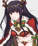 1girl 1girl 1girl alluring alternate_costume antlers artist_name bangs bell bell_collar bikini black_hair bow bra bridal_gauntlets brown_eyes cape christmas christmas_clothing christmas_headwear christmas_outfit cleavage cloak female_only fire_emblem fire_emblem_awakening fire_emblem_heroes fire_emblem_warriors fur_trim hair_ornament high_res intelligent_systems leaning_forward long_hair looking_at_viewer medium_breasts navel nintendo official_alternate_costume open_mouth panties peach11_01 plain_background red_panties smile stockings tharja tharja_(fire_emblem) tiara two_side_up underwear watermark