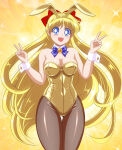 adult_swim alluring big_breasts bishoujo_senshi_sailor_moon bishoujo_senshi_sailor_moon_r bishoujo_senshi_sailor_moon_r_the_movie bishoujo_senshi_sailor_moon_s bishoujo_senshi_sailor_moon_s_the_movie bishoujo_senshi_sailor_moon_supers bishoujo_senshi_sailor_moon_supers_the_movie blonde_hair blue_bow blue_bowtie blue_eyes bow bowtie cleavage collarbone double_v gold_leotard hair_bow leotard long_hair looking_at_viewer minako_aino pantyhose pirochi red_bow smile toei_animation toonami v viz_media