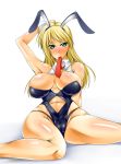 1girl alternate_breast_size animal_ears arc_system_works bare_legs blazblue blonde_hair breasts bunny_ears bunny_girl bunnysuit curvy green_eyes hips huge_breasts kanten kk long_hair neck_tie necktie noel_vermillion plump solo wide_hips