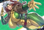 1girl 1girl abs animification bodysuit brown_hair colored_bangs covered_nipples curvy flying green_bodysuit green_eyes green_headband huge_breasts leather leather_jacket lips looking_at_viewer marvel marvel_rivals muscular_female mvp navel neolurker parted_bangs puffy_nipples reaching_towards_viewer rogue_(x-men) salute skin_tight smile superhero_costume thick_thighs toned two-tone_bodysuit two-tone_hair ui user_interface wavy_hair white_hair white_outline wide_hips x-men x_(symbol) yellow_bodysuit yellow_boots yellow_gloves