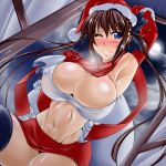 1girl airi airi_(queen's_blade) big_breasts blue_eyes blush breasts brown_hair cleavage cosplay curvy erect_nipples gloves groin hat hips huge_breasts kanten kk large_breasts long_hair mound_of_venus muscle one_eye_closed queen's_blade queen's_blade red_hair redhead santa_costume santa_hat scarf smile solo stockings thigh-highs thighhighs twin_tails twintails wide_hips wink