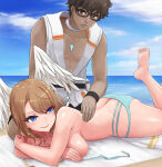 1boy 1girl angoha applying_sunscreen ass barefoot beach beach_towel big_breasts blue_eyes brown_eyes butt_crack canon_couple chest_jewel dark-skinned_male dark_skin eunie_(xenoblade) foot_up head_wings high_res lotion lying official_alternate_costume on_stomach smile sunscreen swimsuit taion_(xenoblade) towel untied_bikini_top white_wings wings xenoblade_(series) xenoblade_chronicles_3