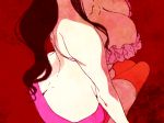 1girl akizuki_hakuto ass back bare_shoulders black_hair bra breasts cleavage dimples_of_venus huge_ass huge_breasts long_hair nico_robin one_piece one_piece_film_z orange_legwear pink_bra short_shorts shorts sitting solo stockings thighhighs underwear